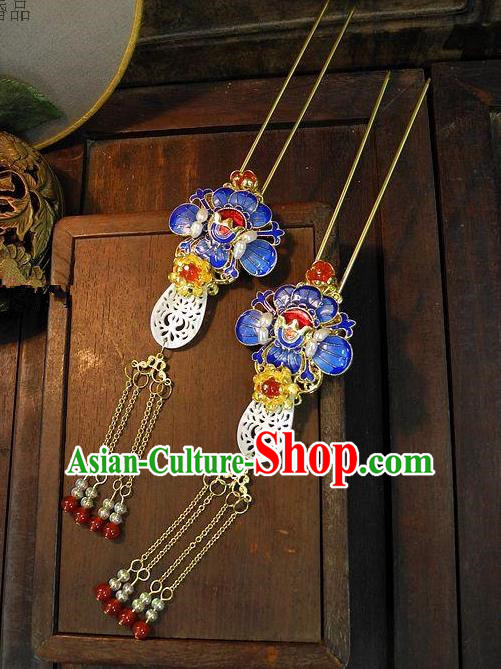 Chinese Handmade Classical Cloisonne Lotus Tassel Hairpins Hair Accessories Ancient Bride Headwear Hair Clip for Women