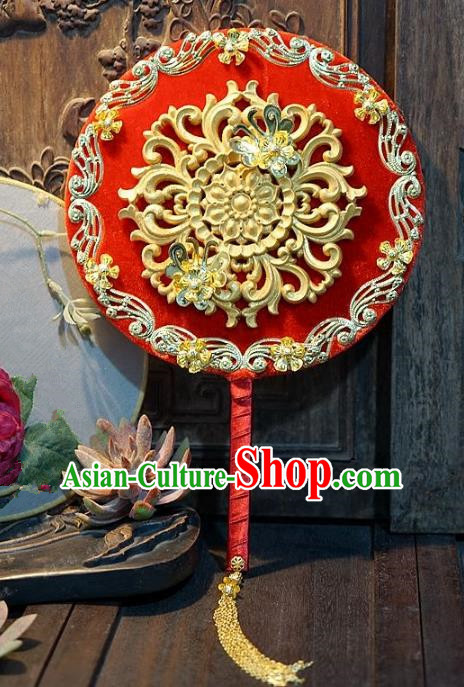 Chinese Handmade Classical Stage Performance Fans Ancient Palace Lady Wedding Red Round Fans for Women
