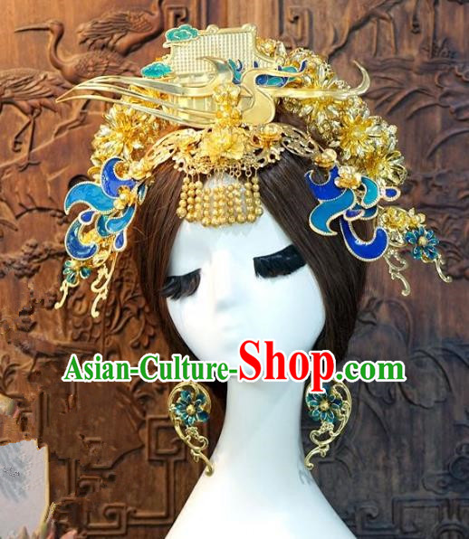 Chinese Handmade Classical Blueing Phoenix Coronet Tassel Hairpins Hair Accessories Ancient Bride Headwear for Women
