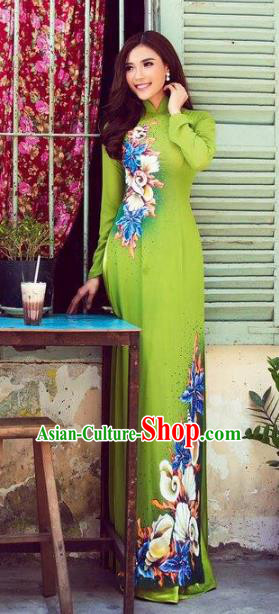 Asian Vietnam Palace Wedding Costume Vietnamese Trational Green Dress Printing Flowers Ao Dai Cheongsam Clothing for Women