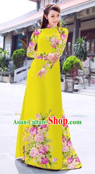 Asian Vietnam Palace Costume Vietnamese Trational Dress Printing Yellow Ao Dai Cheongsam Clothing for Women