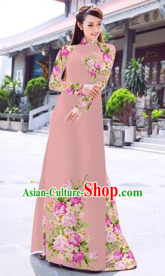 Asian Vietnam Palace Costume Vietnamese Trational Dress Printing Rose Light Pink Ao Dai Cheongsam Clothing for Women