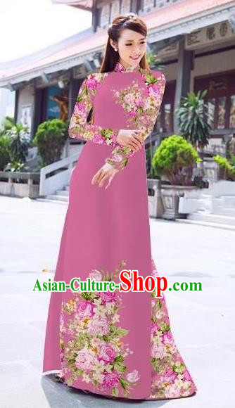 Asian Vietnam Palace Costume Vietnamese Trational Dress Printing Rose Peachy Beige Ao Dai Cheongsam Clothing for Women