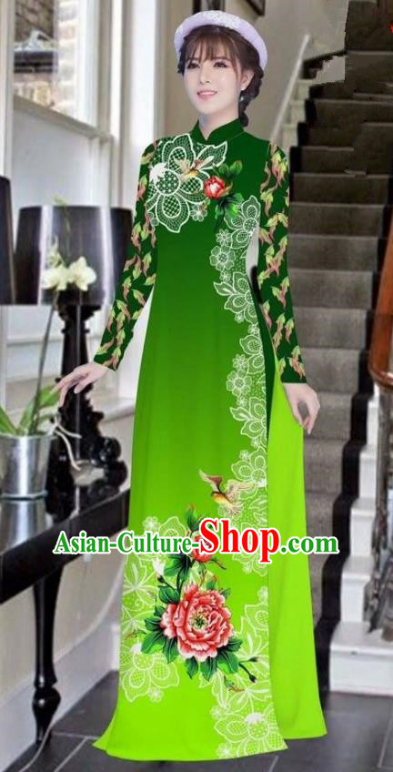 Asian Vietnam National Costume Vietnamese Bride Trational Dress Printing Peony Deep Green Ao Dai Cheongsam for Women