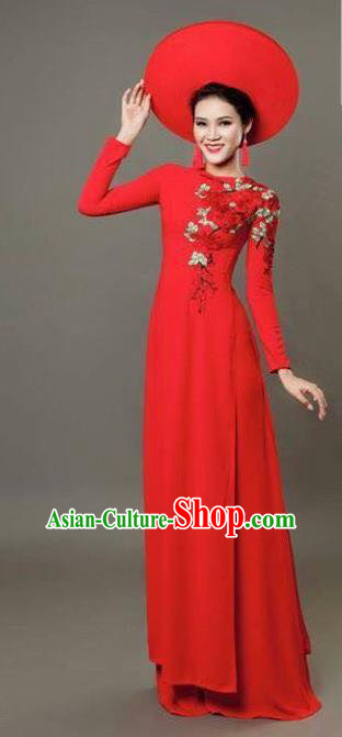 Asian Vietnam Costume Vietnamese Bride Trational Red Ao Dai Cheongsam Dress for Women