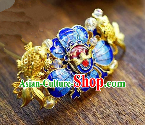 Chinese Handmade Classical Xiuhe Hair Accessories Step Shake Ancient Bride Blueing Lotus Hairpins for Women