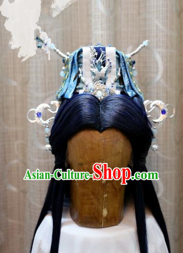 China Ancient Tang Dynasty Cosplay Swordsman Wig Sheath and Hair Accessories Hairdo Crown
