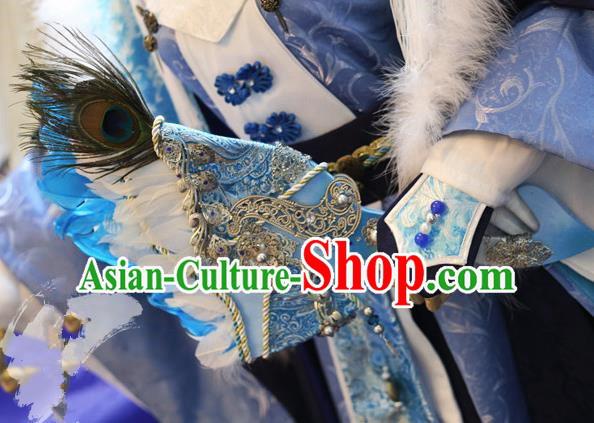 China Ancient Tang Dynasty Cosplay Swordsman Feather Blue Fans