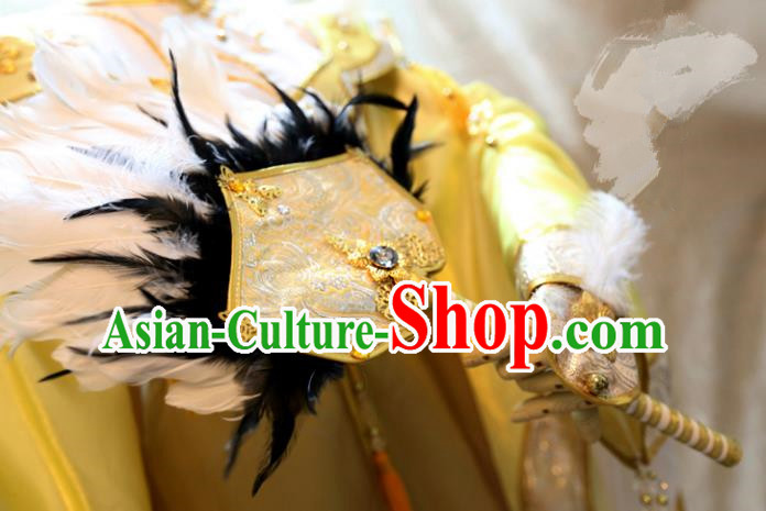 China Ancient Tang Dynasty Cosplay Swordsman Feather Golden Fans