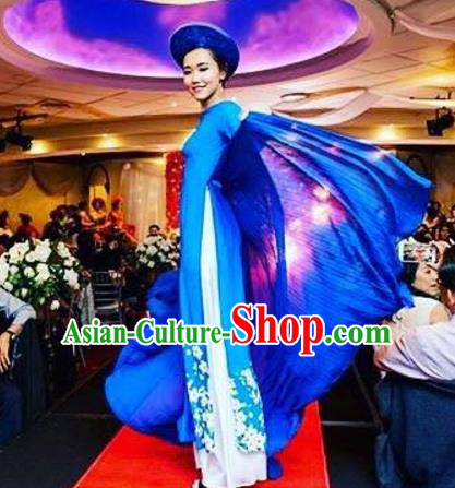 Asian Vietnam Costume Vietnamese Bride Trational Stage Performance Printing Flowers Blue Ao Dai Cheongsam Dress for Women