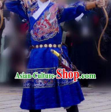 Ancient Chinese Ming Dynasty Imperial Bodyguard Swordsman Embroidered Costume Blue Robe for Men