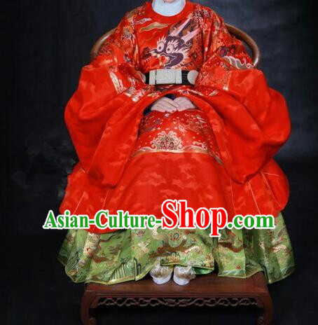 Ancient Chinese Ming Dynasty Imperial Empress Embroidered Wedding Red Costume for Women