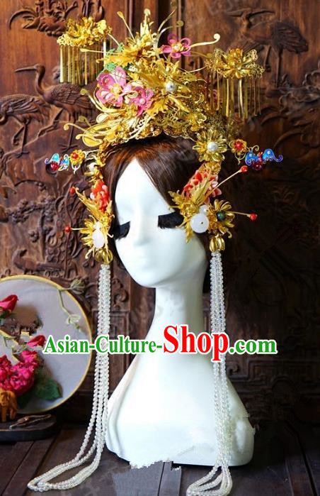 Chinese Handmade Classical Hair Accessories Ancient Golden Phoenix Coronet Hairpins Complete Set for Women