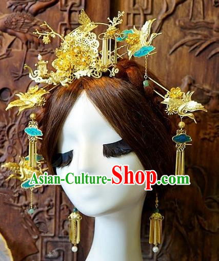 Chinese Handmade Classical Hair Accessories Ancient Crane Phoenix Coronet Hairpins Complete Set for Women