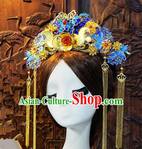 Chinese Handmade Classical Blueing Phoenix Coronet Hairpins Tassel Hair Accessories Ancient Bride Headwear for Women