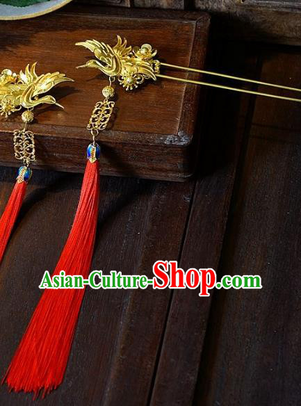 Chinese Handmade Classical Hair Accessories Ancient Red Tassel Crane Hairpins Hair Clip for Women