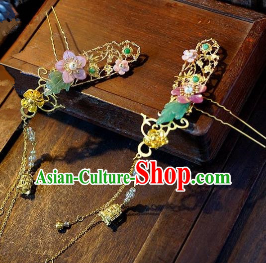 Chinese Handmade Classical Hair Accessories Ancient Pink Flowers Hairpins Tassel Step Shake for Women