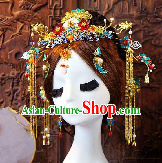 Chinese Handmade Classical Hair Accessories Ancient Hanfu Blueing Phoenix Coronet Hairpins Complete Set for Women