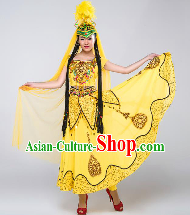 Traditional Chinese Uyghur Nationality Dance Costume, China Folk Dance Uigurian Minority Dance Dress and Headwear for Women
