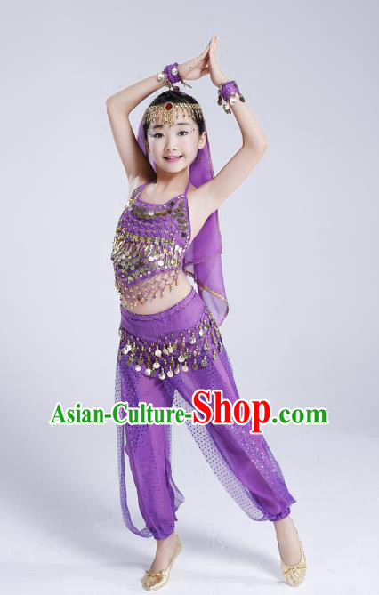 Traditional India Dance Purple Costume, Asian Indian Belly Dance Paillette Clothing for Kids