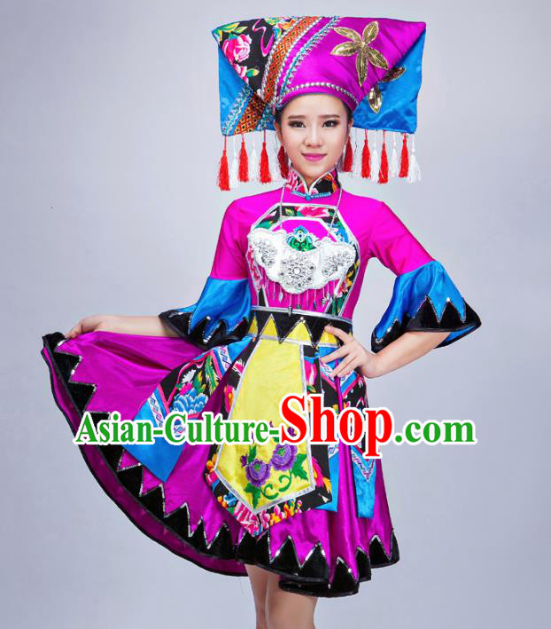Traditional Chinese Miao Nationality Dance Costume, Chinese Zhuang Minority Nationality Embroidery Clothing for Women