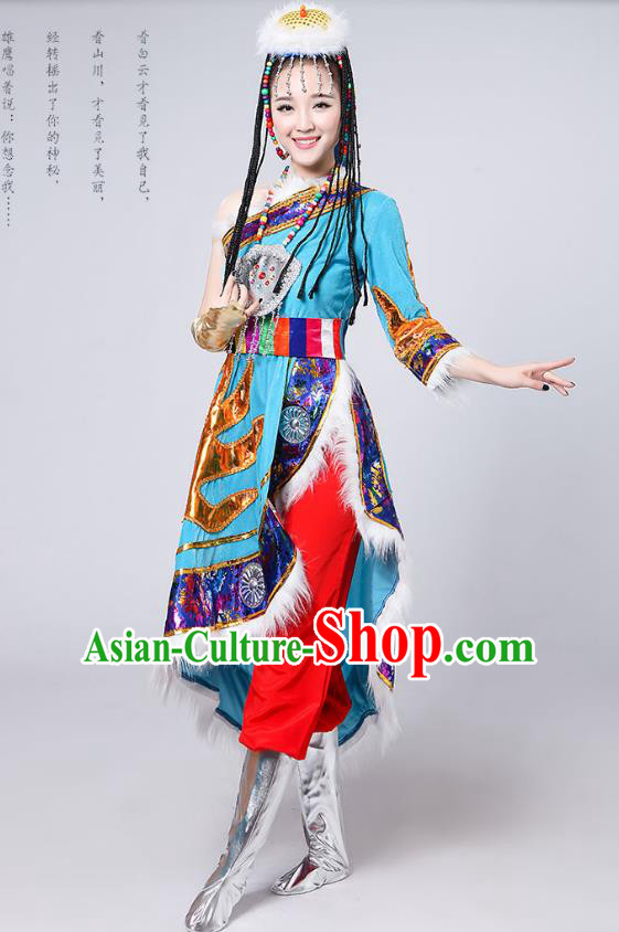 Traditional Chinese Mongol Nationality Dance Costume, Mongols Female Folk Dance Embroidery Light Blue Dress for Women