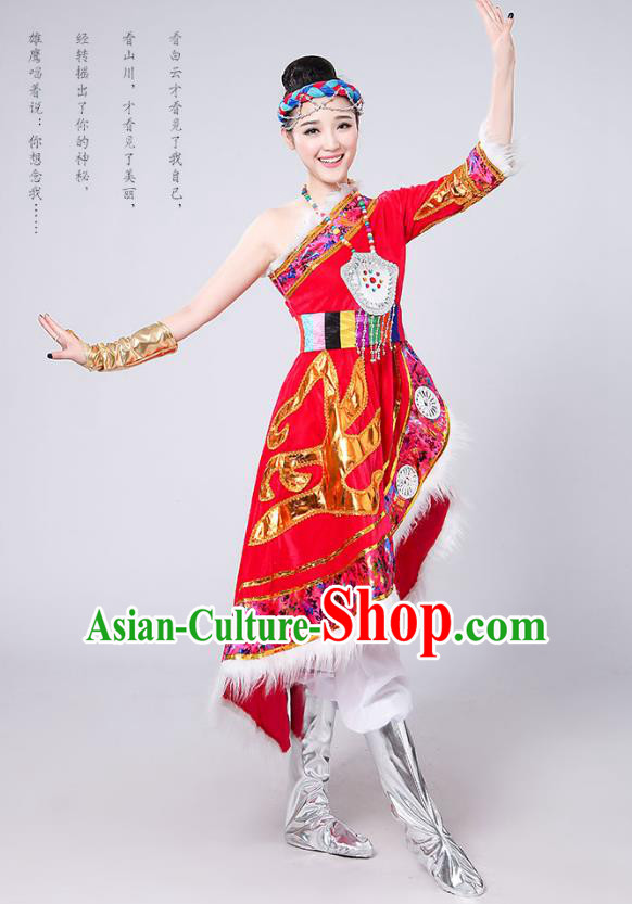 Traditional Chinese Mongol Nationality Dance Costume, Mongols Female Folk Dance Embroidery Red Dress for Women