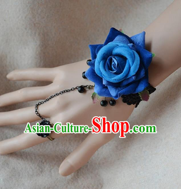 European Western Bride Wrist Flowers Vintage Renaissance Blue Rose Bracelet with Ring for Women