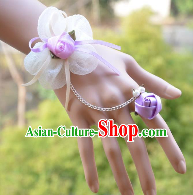European Western Bride Wrist Accessories Vintage Renaissance Purple Flower Gothic Bracelet with Ring for Women