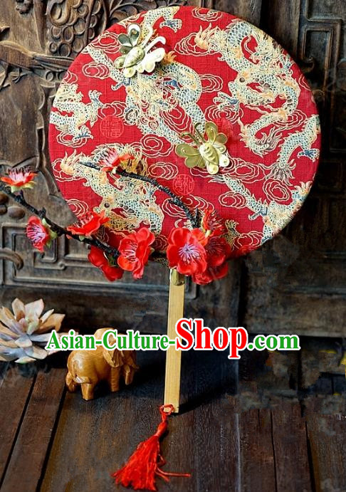 Chinese Handmade Classical Wedding Red Fans Ancient Palace Round Fans for Women