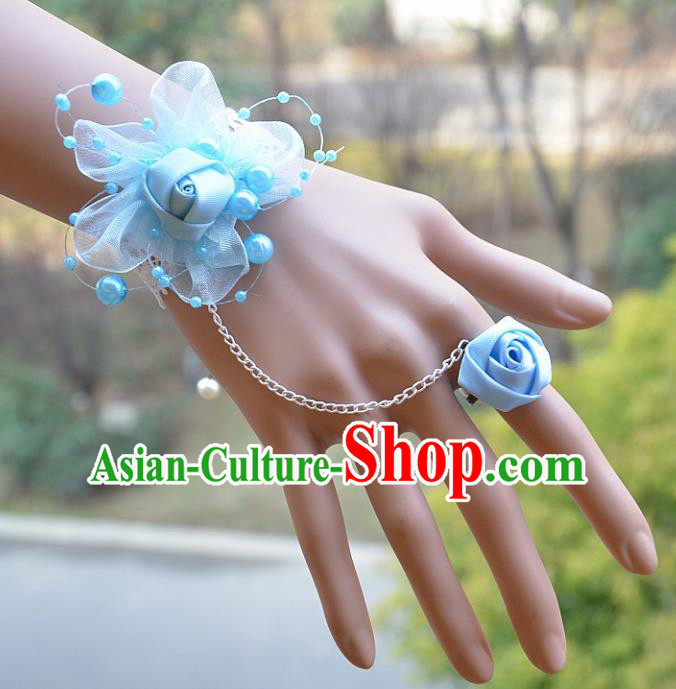 European Western Bride Vintage Jewelry Accessories Renaissance Blue Flower Bracelet with Ring for Women