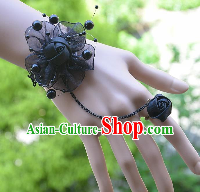 European Western Bride Vintage Jewelry Accessories Renaissance Black Flower Bracelet with Ring for Women