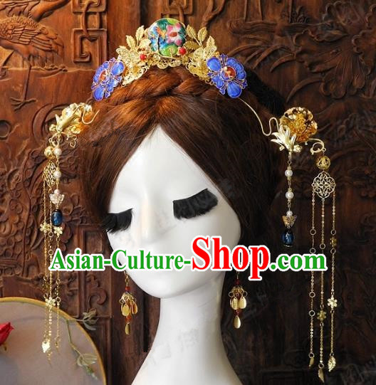 Chinese Handmade Classical Wedding Hairpins Ancient Hanfu Cloisonne Phoenix Coronet Hair Accessories for Women