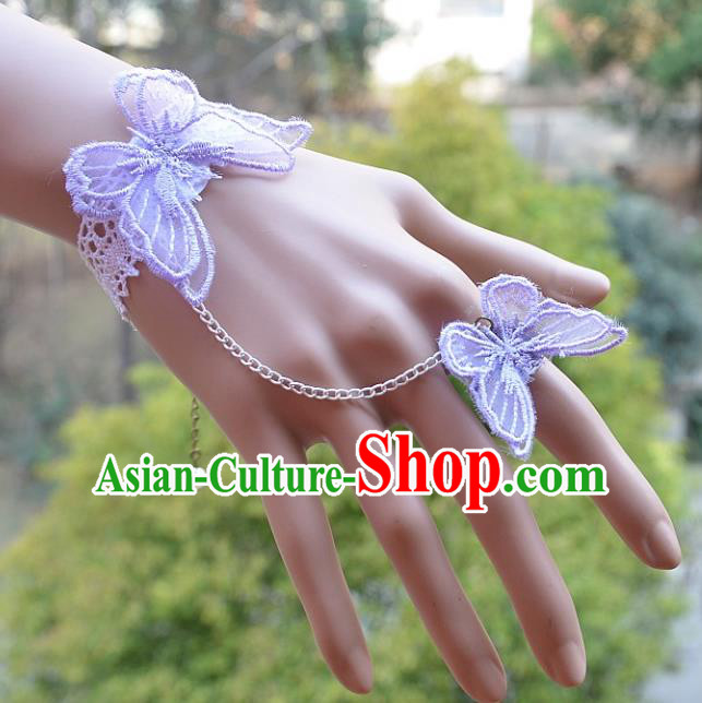 European Western Bride Vintage Jewelry Accessories Renaissance Purple Lace Butterfly Bracelet with Ring for Women