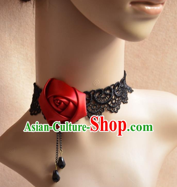 European Western Vintage Jewelry Accessories Renaissance Bride Wine Red Satin Rose Necklace for Women