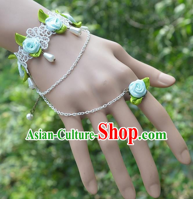 European Western Bride Vintage Jewelry Accessories Renaissance Blue Flowers Pearl Bracelet with Ring for Women