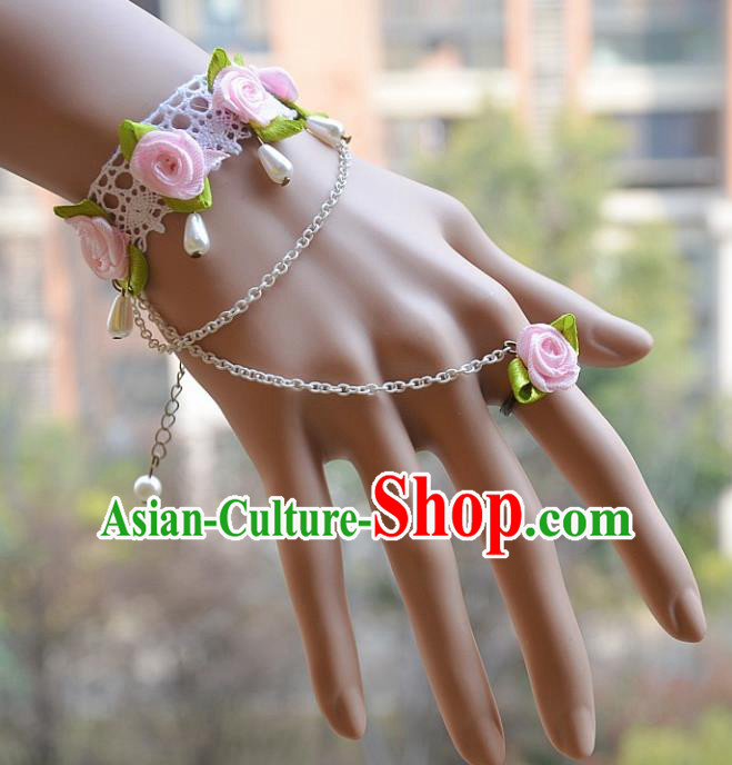 European Western Bride Vintage Jewelry Accessories Renaissance Pink Flowers Pearl Bracelet with Ring for Women