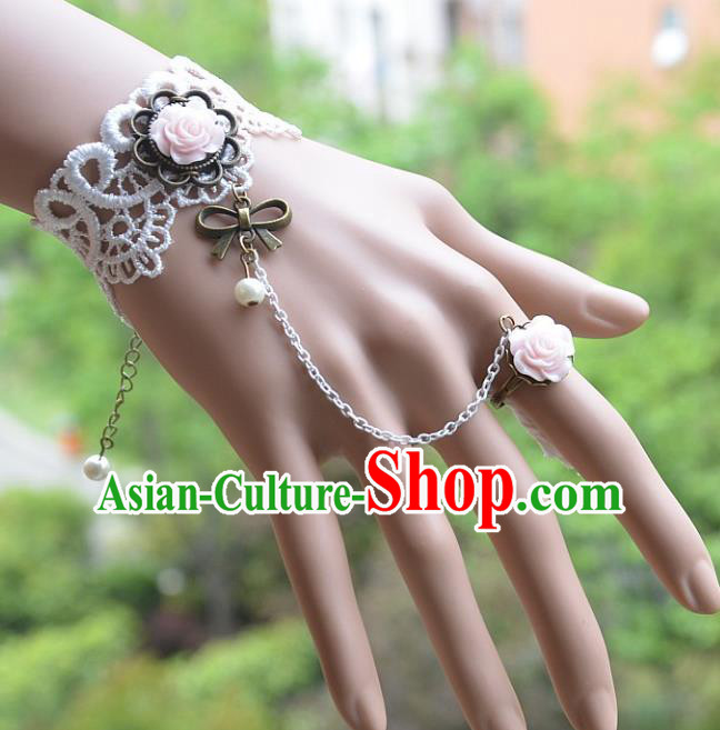 European Western Bride Vintage Jewelry Accessories Renaissance Pink Rose Bracelet with Ring for Women
