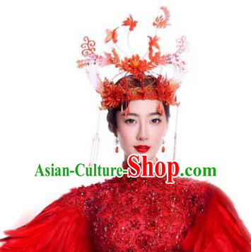 Chinese Handmade Classical Red Phoenix Coronet Ancient Hanfu Headdress Hair Accessories for Women