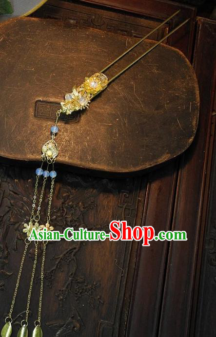 Chinese Handmade Classical Golden Tassel Hairpins Ancient Hanfu Headdress Hair Accessories for Women