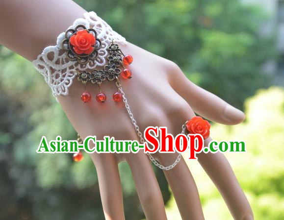 European Western Bride Vintage Accessories Renaissance Red Rose Pearls Bracelet with Ring for Women