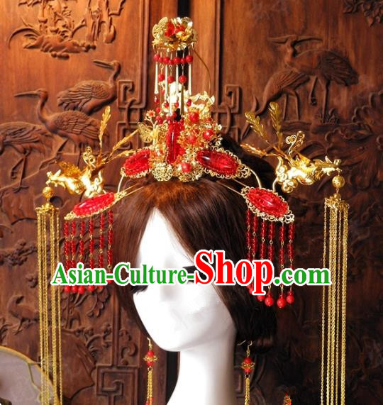 Chinese Handmade Classical Hairpins Ancient Hanfu Xiuhe Red Tassel Phoenix Coronet Hair Accessories for Women