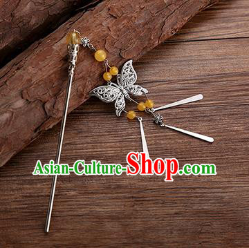 Handmade Chinese Ancient Princess Hair Accessories Orange Beads Butterfly Hairpins for Women
