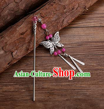 Handmade Chinese Ancient Princess Hair Accessories Rosy Beads Butterfly Hairpins for Women