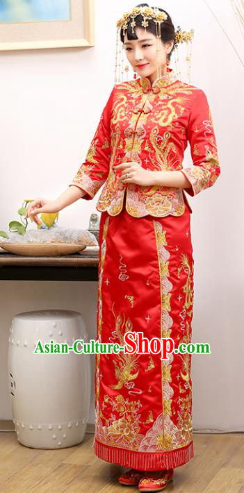 Traditional Ancient Chinese Costume Xiuhe Suits Wedding Red Embroidered Dragon and Phoenix Toast Cheongsam for Women