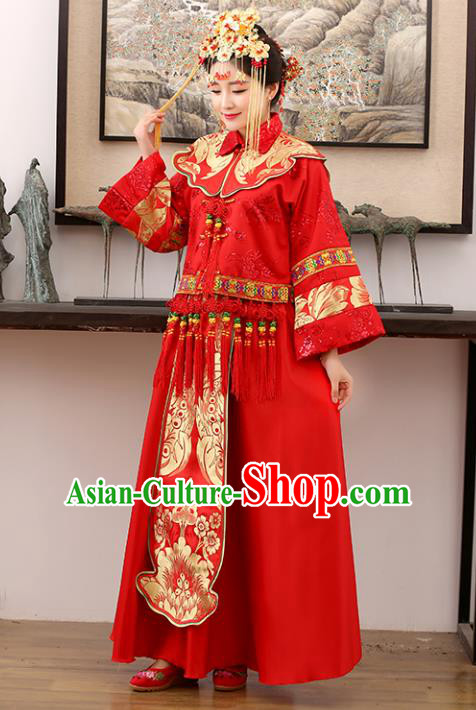 Traditional Ancient Chinese Costume Xiuhe Suits Wedding Embroidered Dragon and Phoenix Red Clothing for Women
