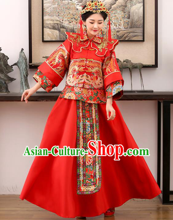 Traditional Ancient Chinese Costume Xiuhe Suits Wedding Bride Embroidered Red Toast Clothing for Women