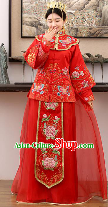 Traditional Ancient Chinese Costume Xiuhe Suits Wedding Embroidered Butterfly Peony Red Toast Clothing for Women
