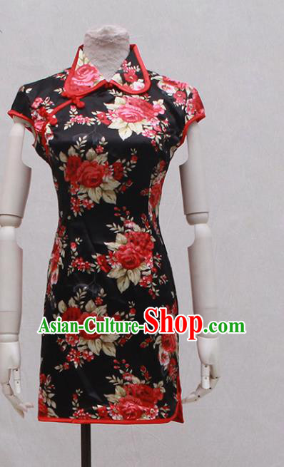 Traditional Ancient Chinese Black Qipao Dress Painting Rose Black Cheongsam Clothing for Women