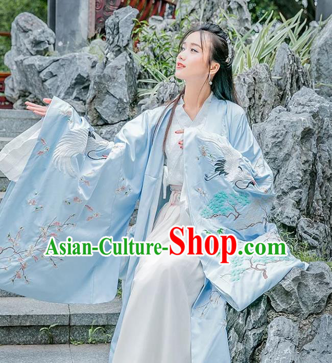 China Ancient Palace Princess Costume Embroidered Crane Blue Wide Sleeve Cardigan for Women